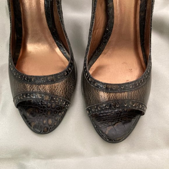 Carlos Santana Black Brass Ankle Strap Leather Peep Toe Pumps Size 6 - Picture 8 of 16